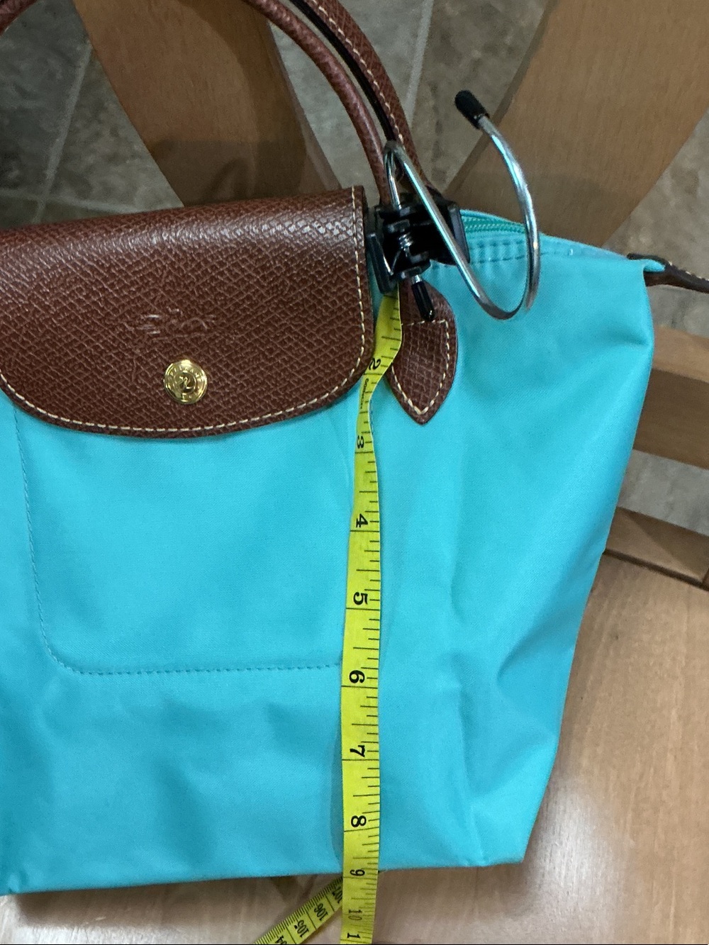 Longchamp Turquoise Nylon Le Pliage Tote with Brown Leather Trim - Picture 9 of 14